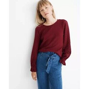 Madewell Texture & Thread Eyelet Mix Ruffle Long Sleeve Top Burgundy Red Medium